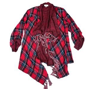 Umgee Plaid Fringe Cardigan Women’s Small Red Black Draped Open Front Top